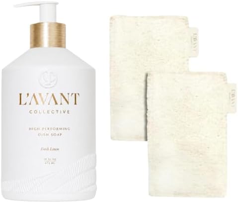 L'AVANT Collective The Ultimate Dish Wash Duo, Natural Luxury Dish Soap 16 Fl Oz with Refillable Glass Pump Bottle & 2 Loofah Dish Sponges for Pots, Pans, Dishes and Kitchen Cleaning, Fresh Linen