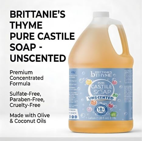 Brittanie's Pure Castile Liquid Olive Oil Soap Refill, Unscented, 1 Gallon | Multi-Purpose For Body, Face, Hands, Laundry, Dishes, Pets & Baby, Organic, Vegan, Non-GMO, Olive Oil, Made in USA