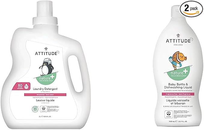Bundle of ATTITUDE Baby Bottle and Dishwashing Liquid, EWG Verified, Vegan, Unscented, 23.7 Fl Oz + Baby Laundry Detergent, EWG Verified, HE Compatible, Unscented, 80 Loads, 67.6 Fl Oz