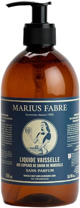 Marius Fabre Dishwashing Soap Liquid Marseille Soap Fragrance Free Hypoallergenic Plant-Based Cleaning Flakes in a Bottle Dish Soap from France 1-Bottle 500ml