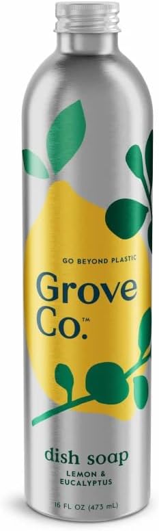 Grove Co. Dish Soap Refill, 1 x 16 fl oz Refill, Lemon, Eucalyptus & Mint | Plastic-Free; Removes Stuck on Food; USDA Biobased; 98% plant-based ingredients; Natural Fragrance
