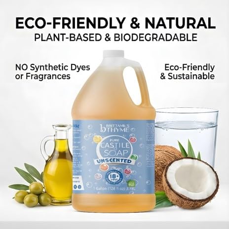 Brittanie's Pure Castile Liquid Olive Oil Soap Refill, Unscented, 1 Gallon | Multi-Purpose For Body, Face, Hands, Laundry, Dishes, Pets & Baby, Organic, Vegan, Non-GMO, Olive Oil, Made in USA