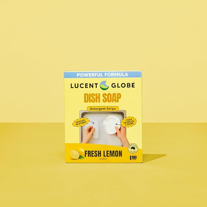 Lucent Globe Dish Soap Sheets – Fresh Lemon Scent – Dawn Replacement, Cuts Through Grease, 100 Washes, Liquidless, Spot-Free Finish, Hard Water Compatible, 100% Plastic-Free, Natural Ingredients