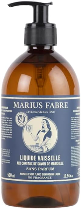 Marius Fabre Dishwashing Soap Liquid Marseille Soap Fragrance Free Hypoallergenic Plant-Based Cleaning Flakes in a Bottle Dish Soap from France 1-Bottle 500ml