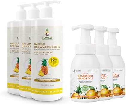Fuwa3e Natural Dish Soap Pineapple (3 Pack) & Foaming Hand Soap Tangerine (3 Pack)