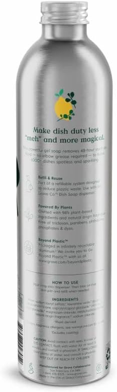 Grove Co. Dish Soap Refill, 1 x 16 fl oz Refill, Lemon, Eucalyptus & Mint | Plastic-Free; Removes Stuck on Food; USDA Biobased; 98% plant-based ingredients; Natural Fragrance