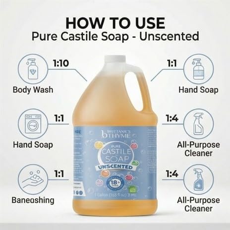 Brittanie's Pure Castile Liquid Olive Oil Soap Refill, Unscented, 1 Gallon | Multi-Purpose For Body, Face, Hands, Laundry, Dishes, Pets & Baby, Organic, Vegan, Non-GMO, Olive Oil, Made in USA