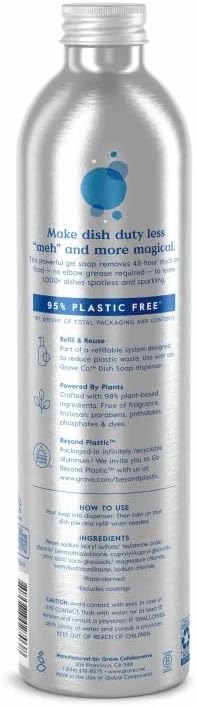 Grove Co. Dish Soap Refill, 1 x 16 fl oz Refill, Free & Clear | Plastic-Free; Removes Stuck on Food; USDA Biobased; 98% plant-based ingredients; Natural Fragrance