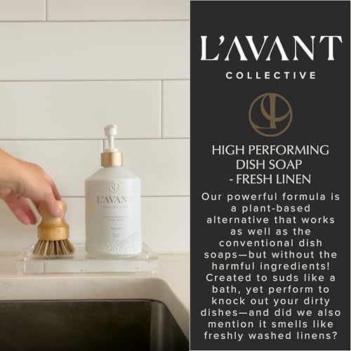 L'AVANT Collective The Ultimate Dish Wash Duo, Natural Luxury Dish Soap 16 Fl Oz with Refillable Glass Pump Bottle & 2 Loofah Dish Sponges for Pots, Pans, Dishes and Kitchen Cleaning, Fresh Linen