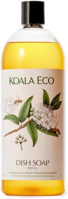 Koala Eco Dish Soap, Australian Lemon Myrtle & Mandarin Essential Oil, 34oz | Vegan friendly dishwashing liquid made with botanical ingredients — free of synthetic fragrance.