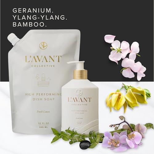 L'AVANT Collective The Ultimate Dish Wash Duo, Natural Luxury Dish Soap 16 Fl Oz with Refillable Glass Pump Bottle & 2 Loofah Dish Sponges for Pots, Pans, Dishes and Kitchen Cleaning, Fresh Linen