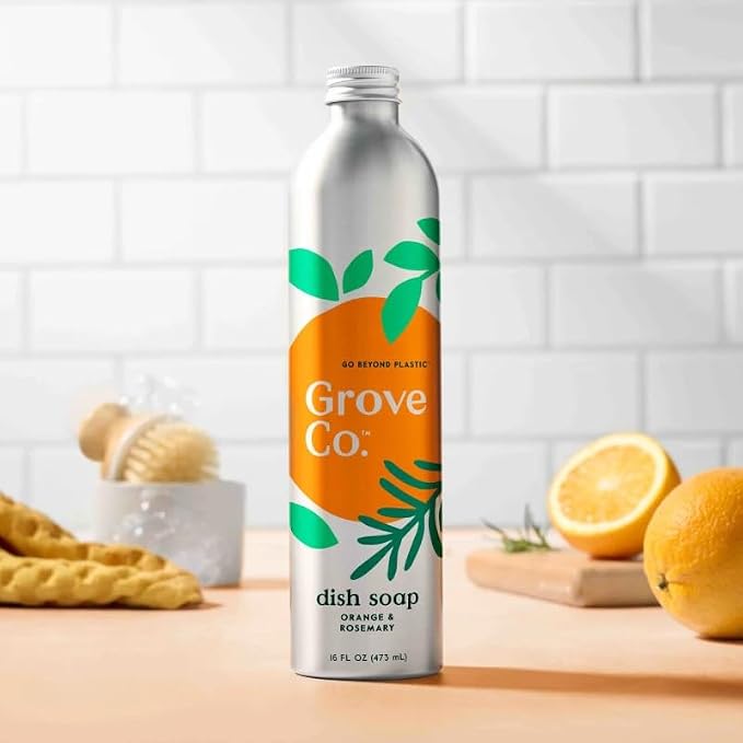 Grove Co. Dish Soap Refill, 1 x 16 fl oz Refill, Orange & Rosemary | Plastic-Free; Removes Stuck on Food; USDA Biobased; 98% plant-based ingredients; Natural Fragrance