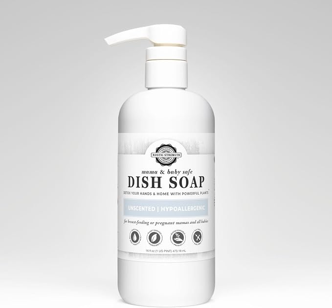 Rustic Strength Natural Dish Soap, Mama + Baby, Unscented 16 oz | Concentrated and High Lathering, Plant-Based Formula,Tough on Grease,Gentle on Hands