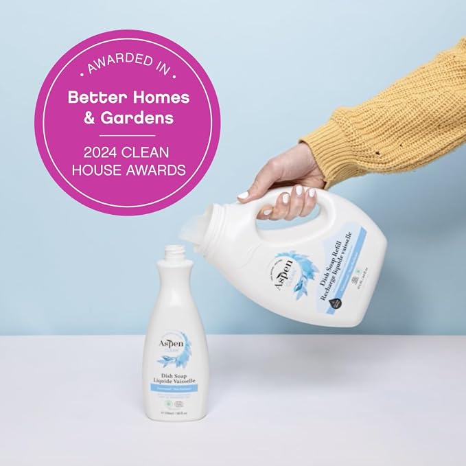 AspenClean Dish Soap & Refill | Unscented | 64 fl oz | EWG Verified | Liquid Dishwashing Detergent | Non-Toxic | 100% Natural | Refills Over 3.5 Standard Bottles