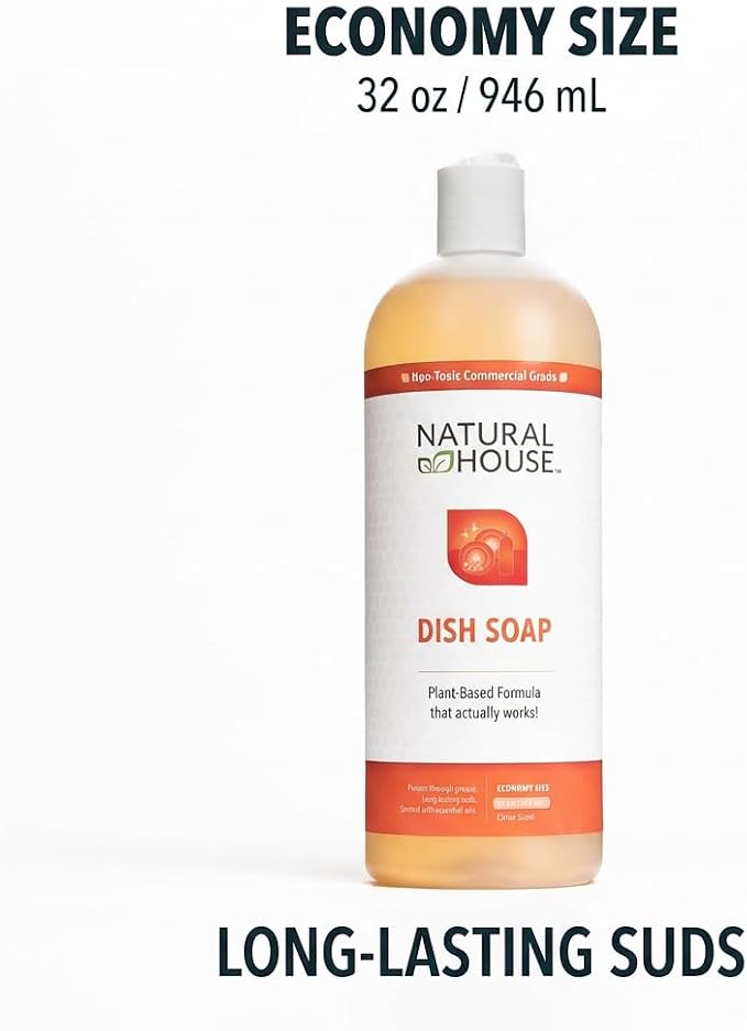 Natural House Scrubby - Plant-Based Enzyme Hand Dish Soap - Cuts Grease, Gentle on Hands - Septic-Safe, Plumbing-Friendly - Sensitive Skin Friendly - Citrus Scent - 32 oz