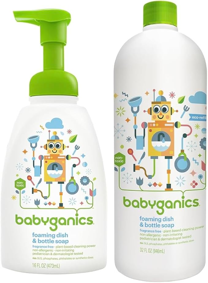 Baby ganics 16 Ounce Dish Dazzler Foaming Dish and Bottle Soap with Refill Kit BUNDLED with Two (2) Bottle Brushes BONUS | Baby bottle and dish soap bundle with refill and 2 bottle brushes. Plant-based, fragrance-free foaming soap.