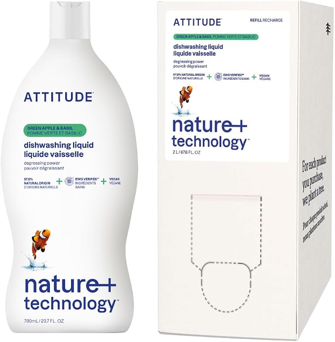 ATTITUDE Dish Soap & Refill Bundle, EWG Verified, Plant-Based, Vegan, Green Apple & Basil, 23.7 + 67.6 Fl Oz