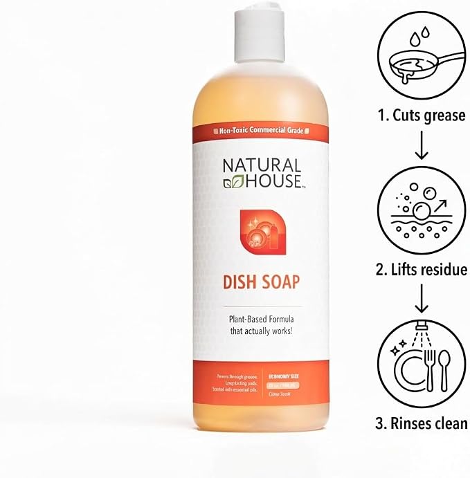 Natural House Scrubby - Plant-Based Enzyme Hand Dish Soap Refill Bulk - Cuts Grease, Gentle on Hands - Septic-Safe, Plumbing-Friendly - Citrus Scent - 128 oz