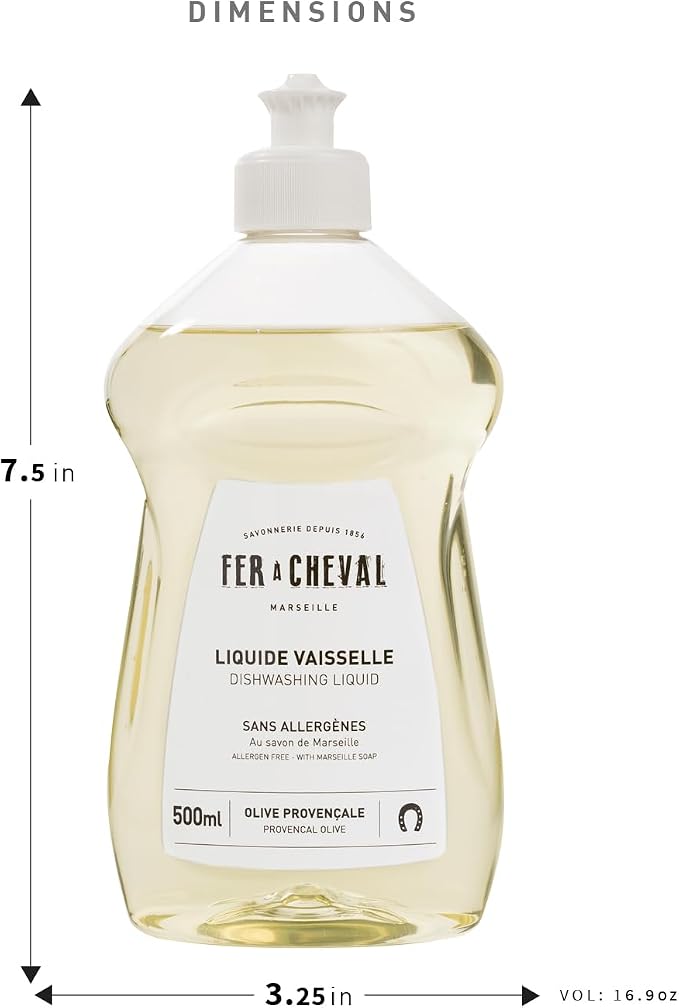 Fer à Cheval Marseille Dishwashing Soap, Allergen Free, Olive Oil Based, Made in France, Liquid Dish Soap, 2 Pack, 500 ml / 16.9 fl oz Each