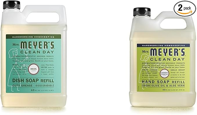 MRS. MEYER'S CLEAN DAY Basil Dish Soap (48 oz) & Lemon Verbena Hand Soap (33 oz) Bundle