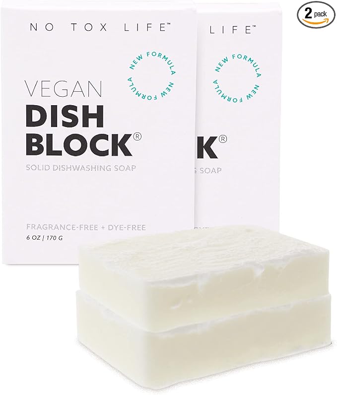 NO TOX LIFE Vegan Dish Block, 6 oz – A Solid Dish Soap for Effective Cleaning of Dishes, Pots and Pans – Ultra-Concentrated Biodegradable Formula – Fragrance and Dye Free – 2 Pack