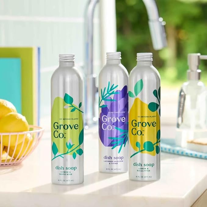 Grove Co. Dish Soap Refill, 1 x 16 fl oz Refill, Lemon, Eucalyptus & Mint | Plastic-Free; Removes Stuck on Food; USDA Biobased; 98% plant-based ingredients; Natural Fragrance