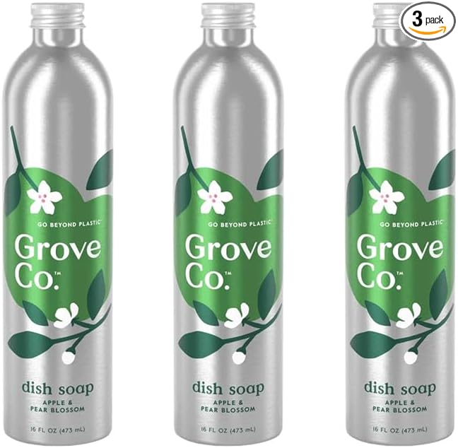 Grove Co. Dish Soap Refills, 3 x 16 fl oz Refills, Apple & Pear Blossom | Plastic-Free; Removes Stuck on Food; USDA Biobased; 98% plant-based ingredients; Natural Fragrance