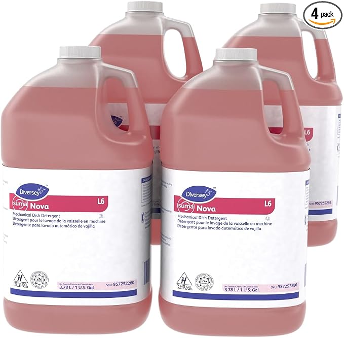 Diversey Suma Nova L6 Dish Detergent, 1 Gallon, 4 Pack | Hard Water Cleaning, Grease Removal, Scale Control, Dishmachine Use, Concentrated