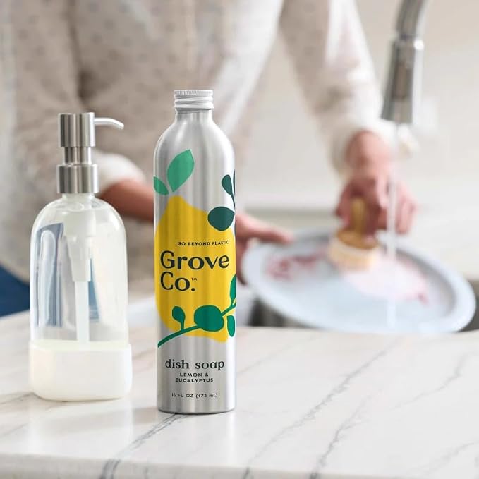 Grove Co. Dish Soap Refill, 1 x 16 fl oz Refill, Lemon, Eucalyptus & Mint | Plastic-Free; Removes Stuck on Food; USDA Biobased; 98% plant-based ingredients; Natural Fragrance