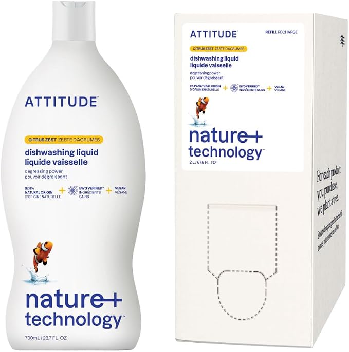 ATTITUDE Dish Soap & Refill Bundle, EWG Verified, Plant-Based, Vegan Dishwashing Liquid, Citrus Zest Scent, 23.7 + 67.6 Fl Oz