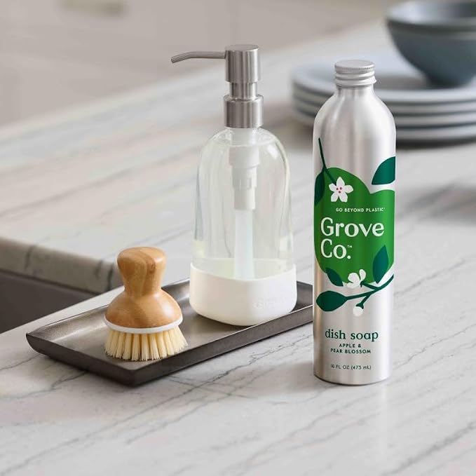 Grove Co. Dish Soap, 3 x 16 fl oz Refills + Refillable Glass Dispenser | Apple & Pear Blossom; Plastic-Free; Reusable dispenser; Refill format; Removes Stuck on Food; 98% plant-based ingredients