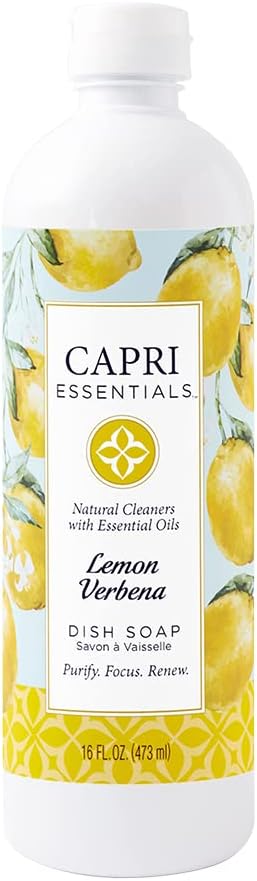 CAPRI ESSENTIALS Dish Soap Liquid, Natural Household Cleaning Supplies, Plant Based Aromatic Dish Detergent, Blend of Essential Oils with Tea Tree, Rosemary & Cedarwood, Lemon Verbena, 16 FL Oz