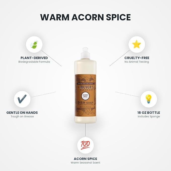 [6 Pack] Clean Day Acorn Spice Scent Liquid Dish Soap 16 oz 1 pk with Sponge - Hand-Washing Liquid - Dish Soap, Cleaning Supplies, Household Essentials
