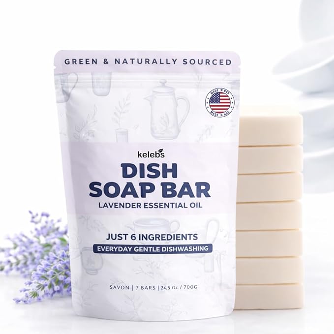 KELEBS 7 Dish Soap Bars | Lavender Essential Oil Formula | Natural & Organic Ingredients | Gentle on Hands | For Plant-Based Kitchens & Light Dishwashing | Biodegradable | No Overpour | Value Pack
