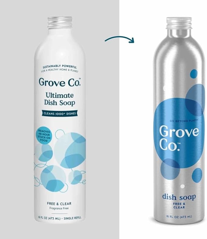 Grove Co. Dish Soap Refills, 3 x 16 fl oz Refills, Free & Clear | Plastic-Free; Removes Stuck on Food; USDA Biobased; 98% plant-based ingredients; Natural Fragrance