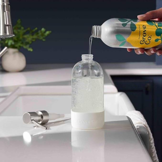Grove Co. Dish Soap, 3 x 16 fl oz Refills + Refillable Glass Dispenser | Apple & Pear Blossom; Plastic-Free; Reusable dispenser; Refill format; Removes Stuck on Food; 98% plant-based ingredients