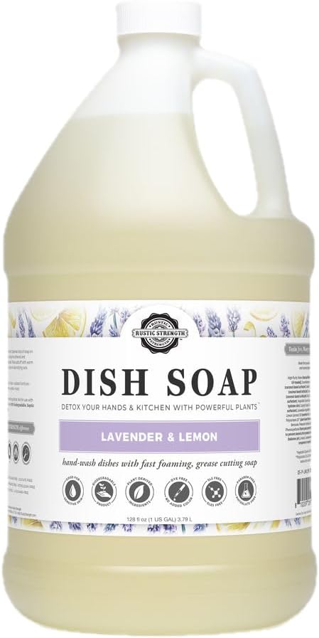 Rustic Strength Lavender and Lemon Dish Soap, Gallon Plastic | Concentrated Formula, For Dishes and Cookware,Helps Lift Grease and Food Residue