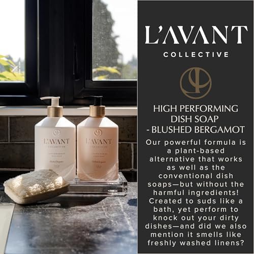 L'AVANT Collective The Sink-Side Care Duo, Natural Luxury Dish Soap 16 Fl Oz with Moisturizing Hand Lotion 10 Fl Oz, Plant-Based Formulas in Refillable Glass Pump Bottles, Blushed Bergamot