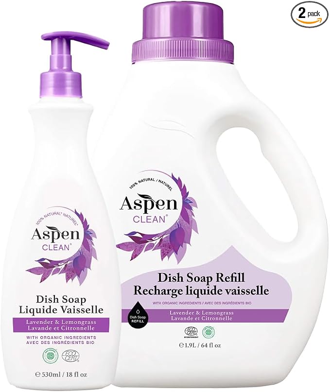 AspenClean Dish Soap & Refill | Lavender & Lemongrass | 64 fl oz | EWG Verified | Liquid Dishwashing Detergent | Non-Toxic | 100% Natural | Refills Over 3.5 Standard Bottles