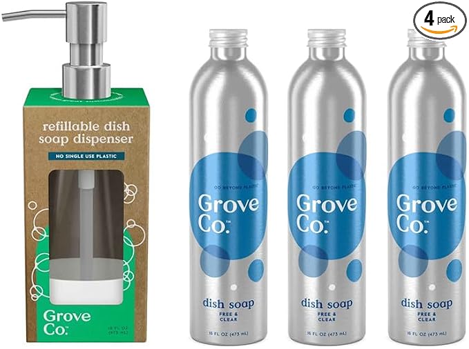 Grove Co. Dish Soap, 3 x 16 fl oz Refills + Refillable Glass Dispenser | Free & Clear; Plastic-Free; Reusable dispenser; Refill format; Removes Stuck on Food; 98% plant-based ingredients