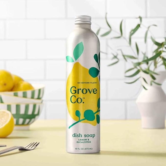 Grove Co. Dish Soap Refill, 1 x 16 fl oz Refill, Lemon, Eucalyptus & Mint | Plastic-Free; Removes Stuck on Food; USDA Biobased; 98% plant-based ingredients; Natural Fragrance