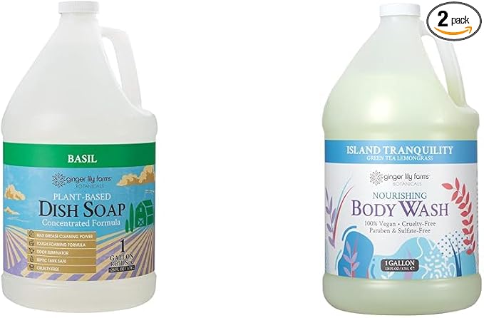 Ginger Lily Farms Botanicals Plant-Based Liquid Dish Soap, Concentrated Formula & Botanicals Nourishing Body Wash, Island Tranquility, 100% Vegan & Cruelty-Free