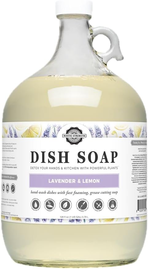 Rustic Strength Natural Dish Soap with Lavender and Lemon, Gallon Glass | Plant Based Cleaners, Streak Free Shine, Helps Remove Grease & Food Residue,Rich Lather