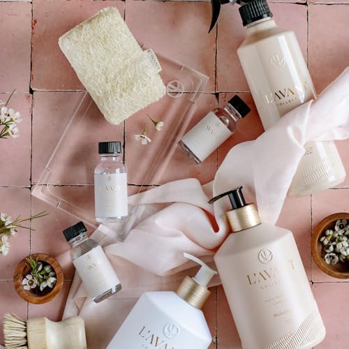 L'AVANT Collective The Ultimate Dish Wash Duo, Natural Luxury Dish Soap 16 Fl Oz with Refillable Glass Pump Bottle & 2 Loofah Dish Sponges for Pots, Pans, Dishes and Kitchen Cleaning, Fresh Linen