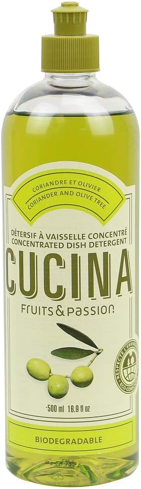 Cucina Fruits & Passion Concentrated Dish Soap, Coriander & Olive Tree, Olive Oil Enriched Liquid Dishwashing Detergent, Vegan & Biodegradable Formula, Refillable Recyclable Bottle,16.9 fl oz (500 ml)