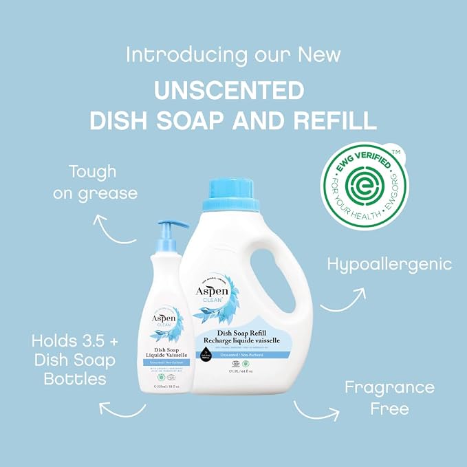 AspenClean Dish Soap & Refill | Unscented | 64 fl oz | EWG Verified | Liquid Dishwashing Detergent | Non-Toxic | 100% Natural | Refills Over 3.5 Standard Bottles