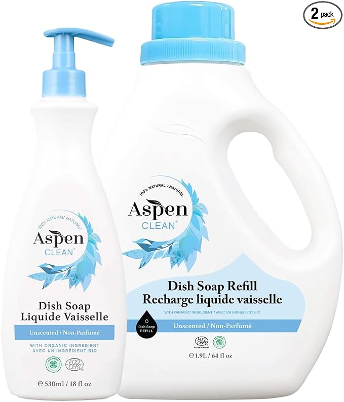 AspenClean Dish Soap & Refill | Unscented | 64 fl oz | EWG Verified | Liquid Dishwashing Detergent | Non-Toxic | 100% Natural | Refills Over 3.5 Standard Bottles