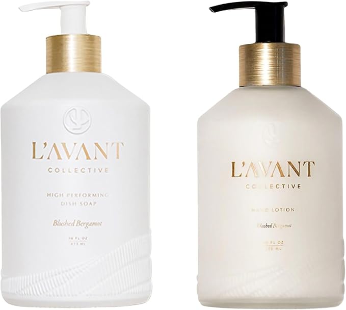 L'AVANT Collective The Sink-Side Care Duo, Natural Luxury Dish Soap 16 Fl Oz with Moisturizing Hand Lotion 10 Fl Oz, Plant-Based Formulas in Refillable Glass Pump Bottles, Blushed Bergamot