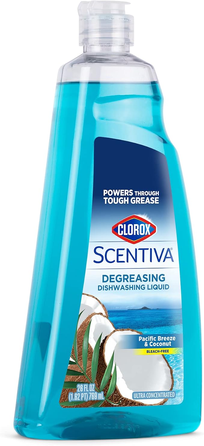 Clorox Scentiva Liquid Dish Soap, Pacific Breeze and Coconut, 26 Fl Oz | Ultra-concentrated formula, bleach-free, cuts through food residue, gentle on hands