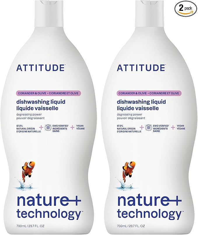 Attitude Dish Soap, Plant-based, Hypoallergenic, Eco-friendly, Coriander & Olive, 23.7 Fl Oz (Pack of 2)